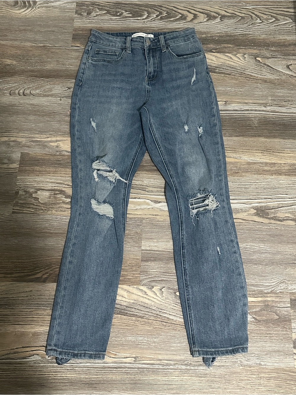 Altar'd State Washed Blue Distressed Straight Leg Jeans